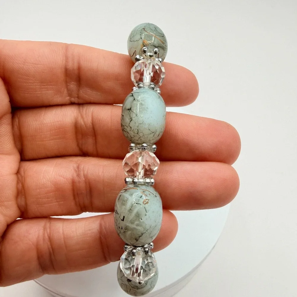 Vintage Silver Tone Beaded Stretch Bracelet Green Simulated Turquoise Glass Boho